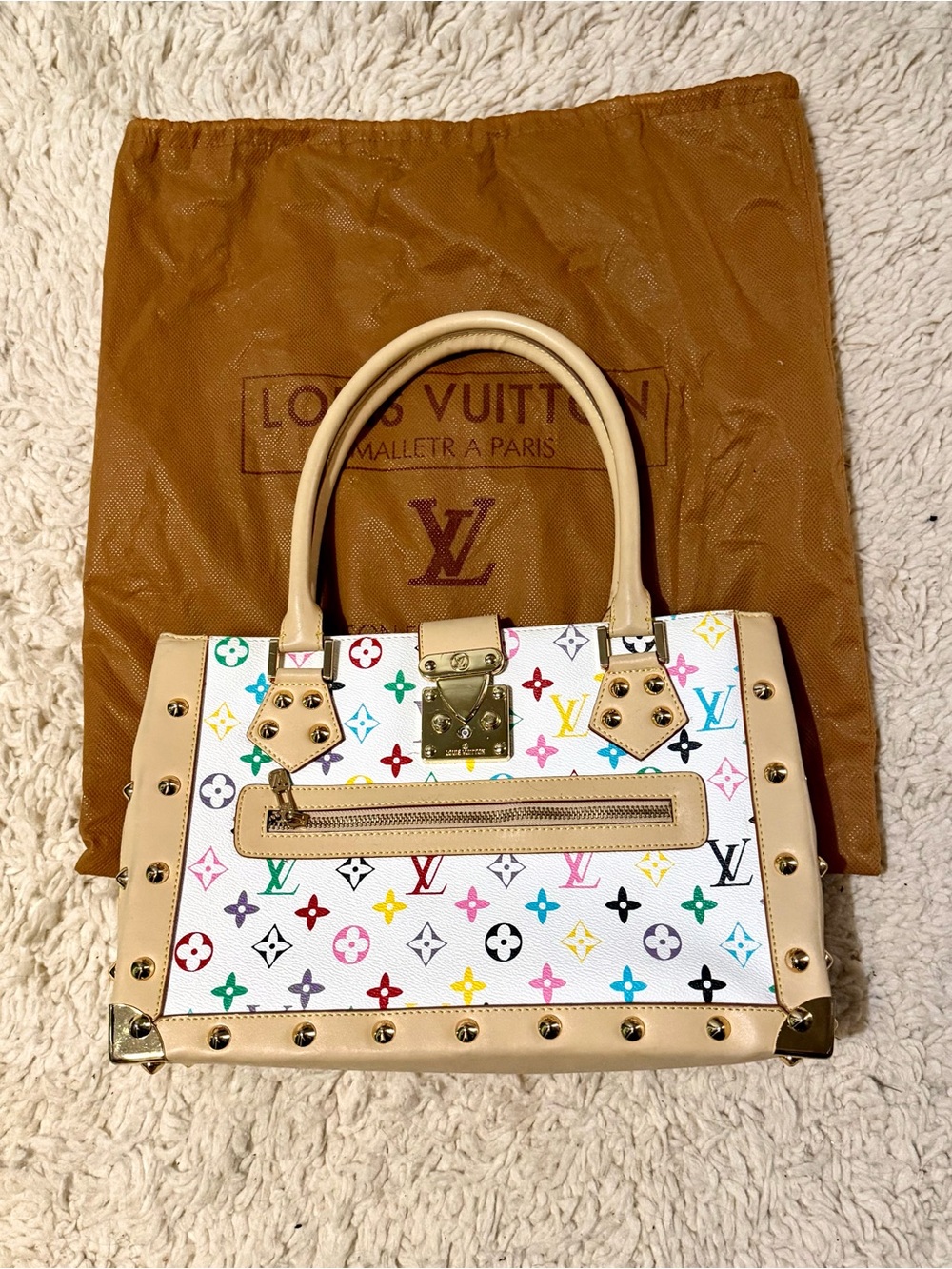 Louis Vuitton White Multicolor Monogram Satchel with Beige Trim